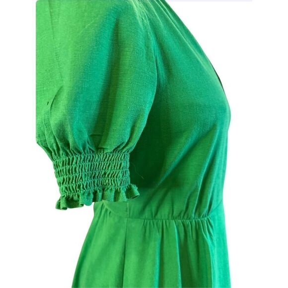 Alex Marie Womens 6 Kelly Green Midi Wrap Dress Short Puff Sleeves Linen Blend - Picture 9 of 10